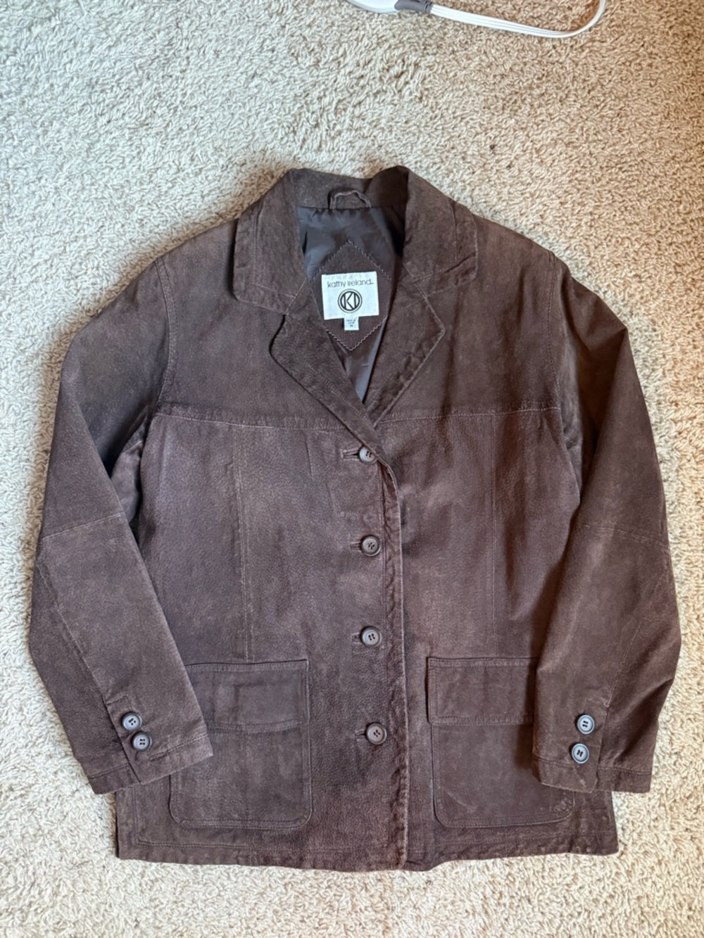 Kathy Ireland Genuine Leather Jacket Brown Button Collared Pockets Lined M